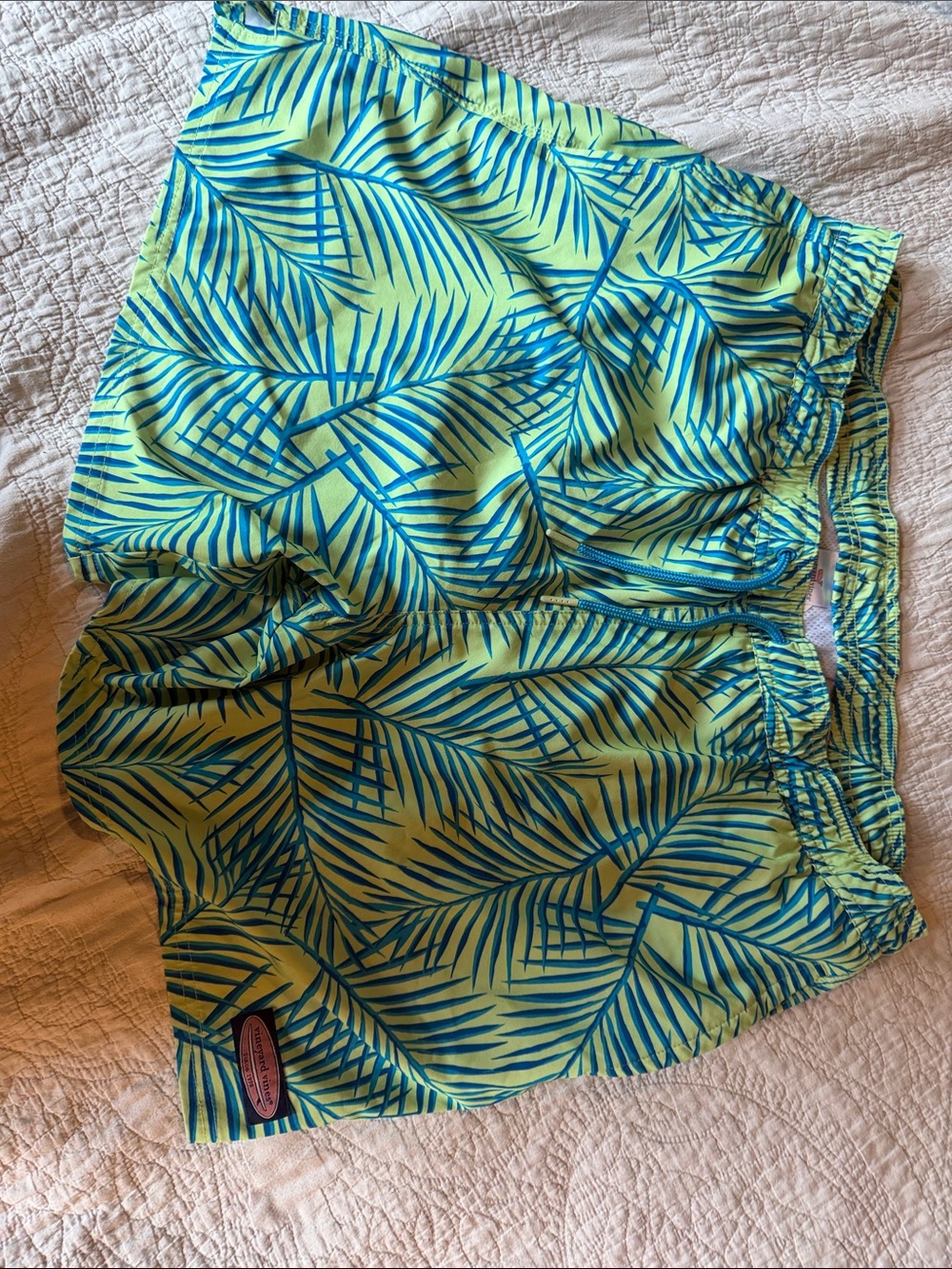 Vineyard Vines Lime and Teal Palm Leaf Swim Trunks